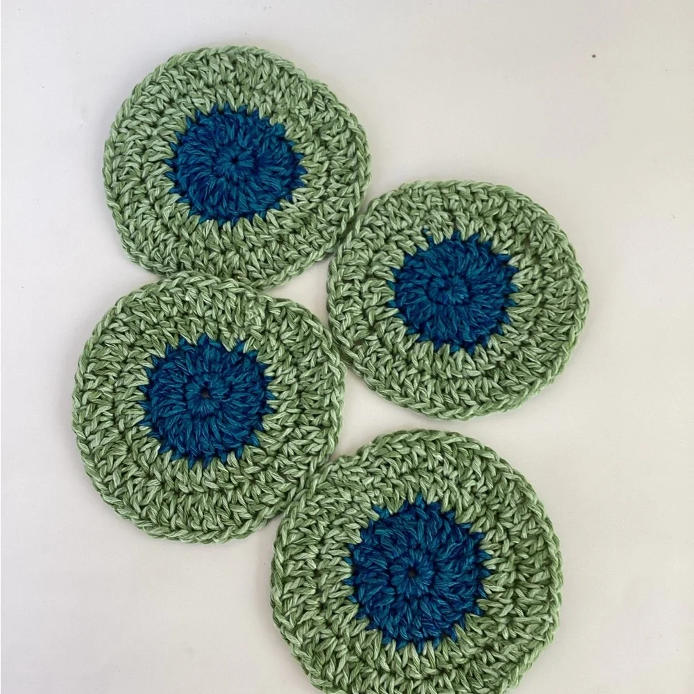 Doily Coaster Set Hand Crafted Green Boho Blue Bar Cart Accessory